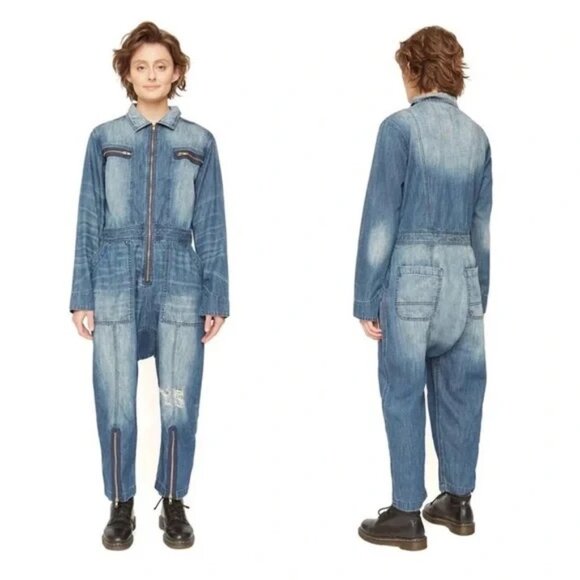 ✨ Free People X Sandrine Denim Jumpsuit SZ S | Utility Slouchy Cropped - Picture 1 of 9